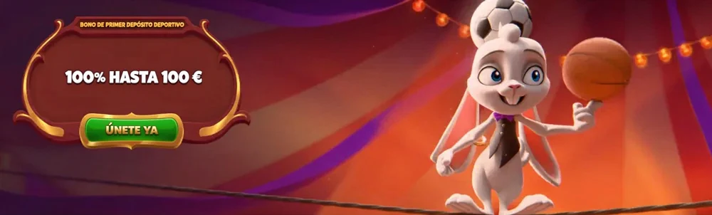 Banner de bonificación deportiva de Magius con un personaje de conejo y oferta de 100% de coincidencia